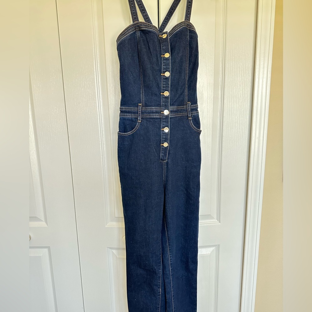 bebe Dark Blue Denim Button-Front Jumpsuit